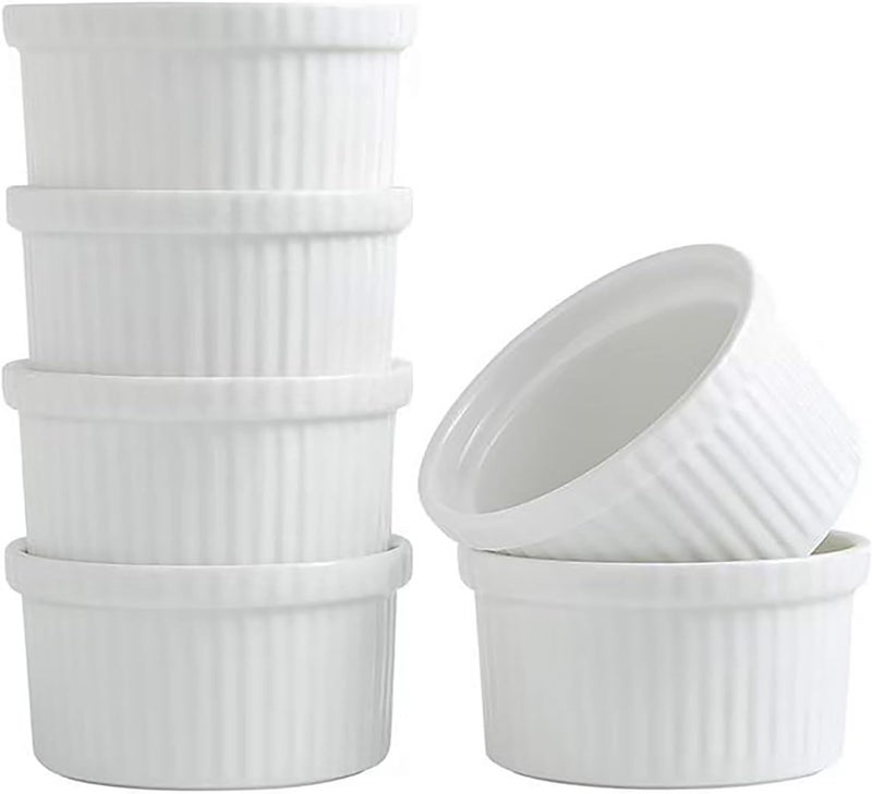 Feenmai Ramekins 4 oz Creme Brulee Ramekins Oven Safe Bowls Set of 6 Small Ceramic Baking Bowls Porcelain Pudding Custard Souffle Bowls Dipping Sauce Bowls White Kitchen Remekins for Baking - Image 1